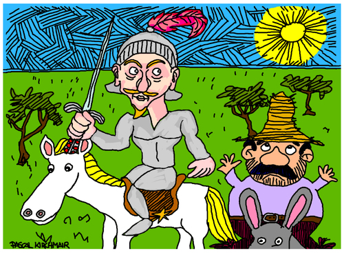 Cartoon: Don Quijote (medium) by Pascal Kirchmair tagged don,quijote,quichotte,quixote,la,mancha,miguel,de,cervantes,sancho,panza,ritter,von,der,traurigen,gestalt,spanien,espana,espagne,spagna,roman,karikatur,cartoon,spain