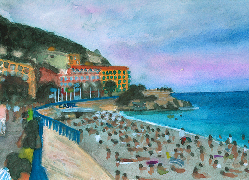 Cartoon: Nizza (medium) by Pascal Kirchmair tagged ferien,strand,mittelmeer,urlaub,travel,holidays,vacances,nice,nizza,südfrankreich,provence,mediterranee,aquarell,watercolour