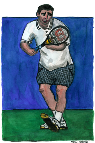 Cartoon: Pete Sampras (medium) by Pascal Kirchmair tagged australian,wimbledon,slam,grand,tennis,sampras,pete,pistol,open,us,roland,garros,paris,player,atp,champion,championship,point,matchball