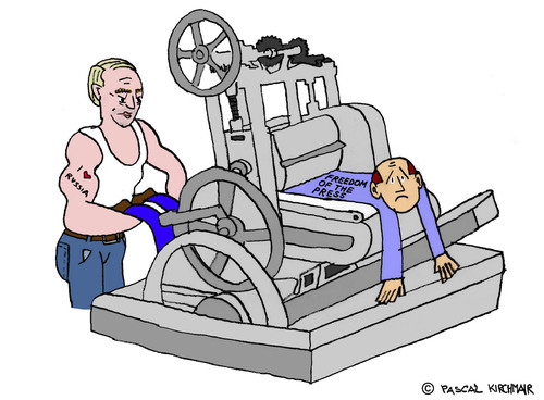 Cartoon: Putin and the Press (medium) by Pascal Kirchmair tagged presse,freedom,of,the,press,pressefreiheit,vladimir,wladimir,putin,russia,russie,russland,macht,power,unterdrückung,pouvoir,volk,druck
