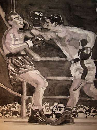 Cartoon: Rocky Marciano vs. Joe Louis (medium) by Pascal Kirchmair tagged ko,louis,joe,out,knocking,marciano,rocky,marchegiano,rocco,weltmeister,championships,champion,boxing,boxe,boxen