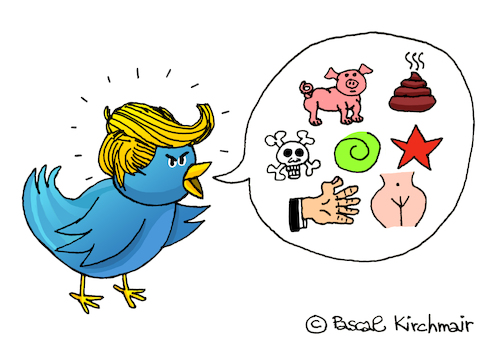 Cartoon: Twitter-Trump (medium) by Pascal Kirchmair tagged twitter,president,donald,trump,tweets,caricature,cartoon,karikatur,usa,bashing,twitter,president,donald,trump,tweets,caricature,cartoon,karikatur,usa,bashing