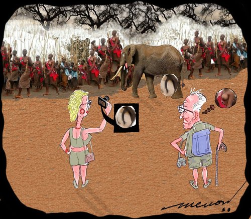 Cartoon: A matter of interest (medium) by kar2nist tagged tourists,africa,elephant,naked,african,women,erection,breasts,voyeurism