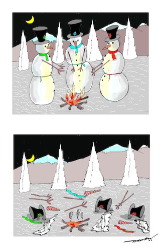 Cartoon: a melting story (medium) by kar2nist tagged snowman,melting,warming,ice,fire