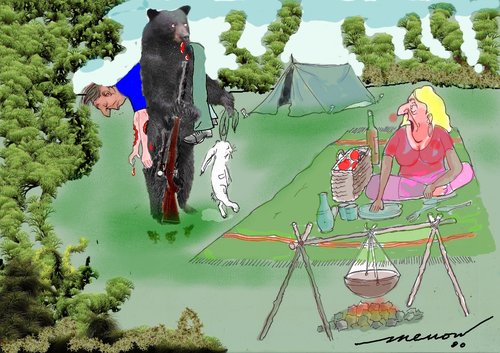 Cartoon: Back from a Bear Hunt... (medium) by kar2nist tagged picnic,rabbit,hare,bear,forest,jungle,hunter