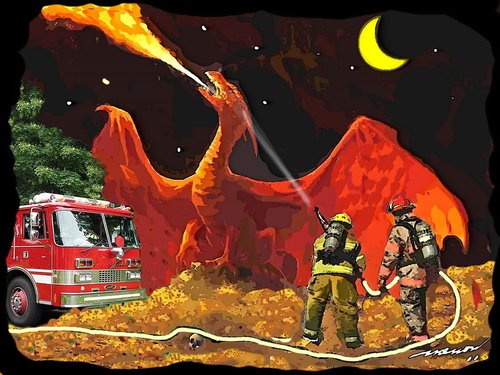Cartoon: dragonfire fighters (medium) by kar2nist tagged dragon,fire,firefighting