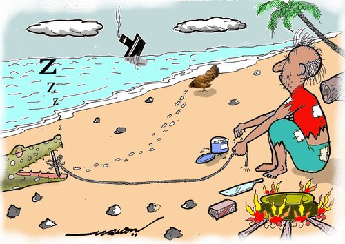 Cartoon: high hopes (medium) by kar2nist tagged hope,marooned,croc,chicken,island,trapping
