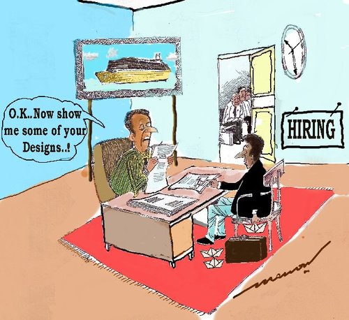 Cartoon: Job Interview (medium) by kar2nist tagged certificates,credentials,building,ship,interview,engineer,marine