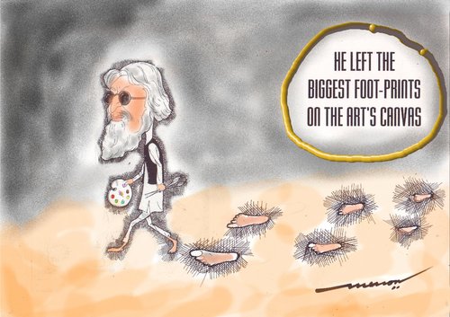 Cartoon: M F Hussain Footprints (medium) by kar2nist tagged hussain,artist,painter,barefooted,living,in,exile