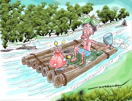 Cartoon: resourceful traveller (medium) by kar2nist tagged logging,river,motor,outboard,boat,resourcefulness