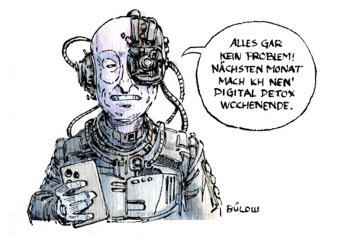 Cartoon: Digital Detox (medium) by Bülow tagged smartphone,bildschirmzeit,handysucht,handy,abhängigkeit,screentime,sucht,borg,startrek,beschleunigung,entfremdung,digitalisierung,digital,socialmedia,sozialemedien,resonanz,feedback,handynutzung,nutzungsverhalten,technologie,analog,iphone,pause,auszeit,weltlich,weltlichkeit,teilhabe,likes,clicks,apps,appstore,handyapp,app