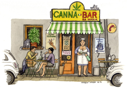 Cartoon: Canna Bar (medium) by Niessen tagged drugs,canabis,mariuhana,italy,bar,caffee,maria,droga,fumo,smoke