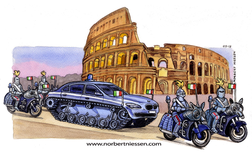 Cartoon: Escort service in rome (medium) by Niessen tagged tank,police,politicians,rome,bmw,escort,motorcycle