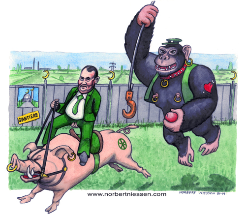Cartoon: Gorilla in love (medium) by Niessen tagged mosque,pork,gay,orangutan,gorilla,racist,xenophobic
