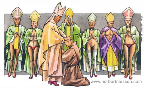 Cartoon: Il clero gaio (medium) by Niessen tagged religiöse,bischof,priester,homosexuelle,unrein,tunika,beten