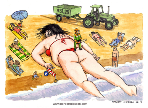 Cartoon: The stranding of a whale (medium) by Niessen tagged beach,whale,corpse,dead,tractor,chainsaw,bathers