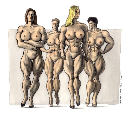 Cartoon: X-treme body (medium) by Niessen tagged women,muscles,aggressive,naked,newton,photographer