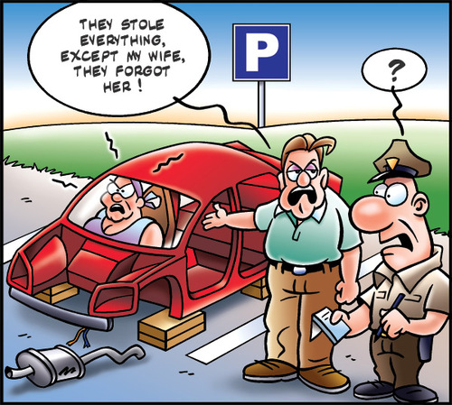 Cartoon: Car stolen (medium) by Carayboo tagged car,theft,wreck,object,insurance,mother,wife,cop,parking