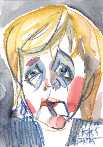 Cartoon: Angela Merkel in Moskau (medium) by Kestutis tagged angela,merkel,moskau,putin,germany,france,moscow,eu,europe,watercolor,portrait,caricature,russia,ukraine,hollande