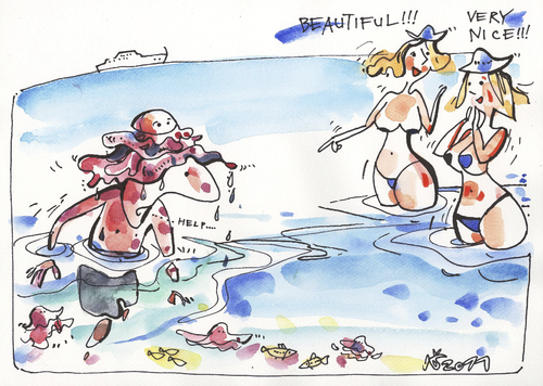 Cartoon: BEACH ADVENTURE (medium) by Kestutis tagged cap,jellyfish,happening,qualle,sea,beach,adventure,help,beautiful,very,nice,man,woman