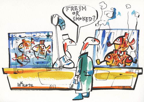 Cartoon: BUYING FISH (medium) by Kestutis tagged fish,market,shop,angler,pipe,smoke,seller