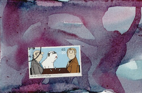 Cartoon: Conversation about life (medium) by Kestutis tagged stamp,stories,life,loriot,dada,horse,pferd,postcard,art,kunst,kestutis,lithuania