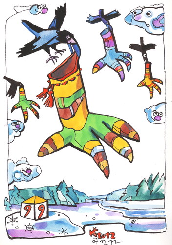 Cartoon: Crows flying to Santa Claus (medium) by Kestutis tagged winter,clouds,adventure,lithuania,kestutis,weihnachten,christmas,claus,santa,crows