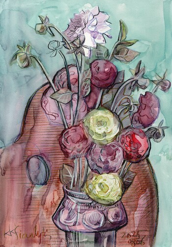 Cartoon: Dahlia in my studio (medium) by Kestutis tagged dahlia,studio,watercolor,art,kunst,kestutis,lithuania