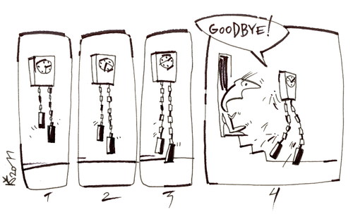 Cartoon: GOODBYE! (medium) by Kestutis tagged goodbye,novel,humor,clock,feet,adieu,farewell