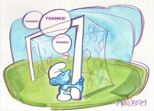 Cartoon: Gratitude (medium) by Kestutis tagged smurfs,comics,kestutis,lithuania,euro,uefa,peyo,europameisterschaft,spiel,ball,sport,fans,football,gratitude,soccer,footie,portugal,belgium,thanks