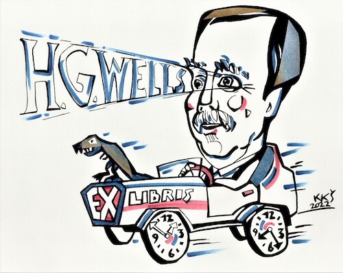 Cartoon: HERBERT GEORGE WELLS. Exlibris (medium) by Kestutis tagged exlibris,wells,writer,book,fiction,fantastic,kestutis,lithuania