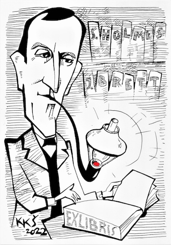 Cartoon: J. Brett as S. Holmes. Exlibris (medium) by Kestutis tagged holmes,detective,kestutis,lithuania,actor,exlibris,buchen,book