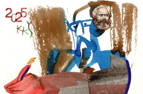 Cartoon: Lefthanded (medium) by Kestutis tagged left,hand,dada,karl,marx,postcard,art,kunst,kestutis,lithuania