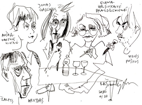 Cartoon: Lithuanian painters discussion (medium) by Kestutis tagged lithuania,kestutis,sketch,kunst,art,discussion,painter