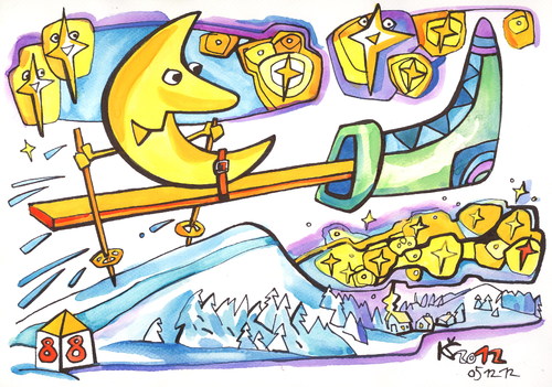 Cartoon: Moon rushing to Santa Claus (medium) by Kestutis tagged moon,santa,claus,mond,ski,stars,sterne,kestutis,lithuania,christmas,weihnachten,winter