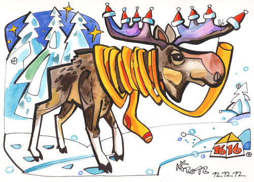 Cartoon: Moose looking for Santa Claus (medium) by Kestutis tagged adventure,nature,animal,lithuania,kestutis,christmas,winter,elch,moose,claus,santa,weihnachten