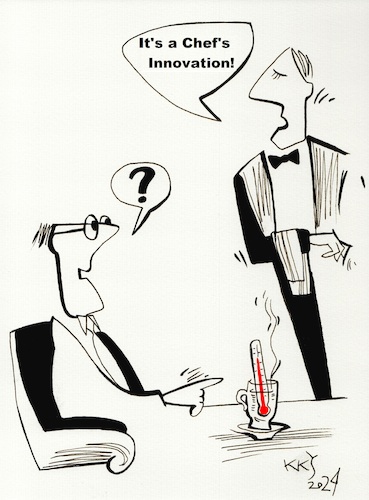 Cartoon: News (medium) by Kestutis tagged news,restaurant,kestutis,lithuania,thermometer,tea,waiter,cafe,chef