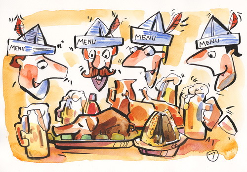 Cartoon: OKTOBERFEST - 5. HUT (medium) by Kestutis tagged siaulytis,kestutis,account,bill,restaurants,comic,strip,bier,beer,menu,hat,hut,oktoberfest,lithuania,food