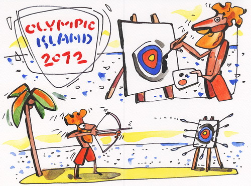 Cartoon: OLYMPIC ISLAND. Archery (medium) by Kestutis tagged künstler,insel,artist,strip,comic,comics,ocean,palm,lithuania,siaulytis,kestutis,summer,2012,london,art,modern,desert,island,olympic,archery,target