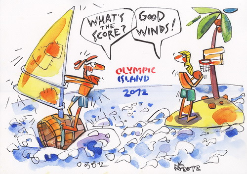 Cartoon: OLYMPIC ISLAND. Basketball. (medium) by Kestutis tagged desert,lithuania,siaulytis,kestutis,olympics,2012,sport,palm,ocean,summer,london,basketball,windsurfing,island