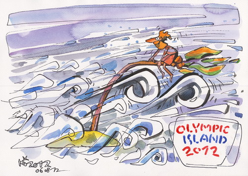 Cartoon: OLYMPIC ISLAND. Bicycle (medium) by Kestutis tagged olympic,island,bicycle,london,2012,summer,sport,athletics,ocean,palm,kestutis,siaulytis,lithuania,hurricane,storm,desert,tide,wind