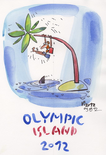 Cartoon: OLYMPIC ISLAND. Gymnastics (medium) by Kestutis tagged siaulytis,lithuania,kestutis,shark,island,desert,2012,london,palm,ocean,olympics,gymnastics,sport
