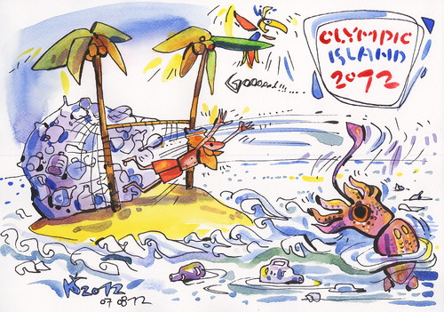 Cartoon: OLYMPIC ISLAND. Water polo (medium) by Kestutis tagged lithuania,animal,ecological,environment,nature,siaulytis,kestutis,sport,palm,olympic,desert,island,goalkeeper,packing,containers,plastic,parrot,squid,insel,summer,2012,london,polo,water,ocean