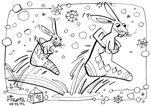 Cartoon: Racing to Santa Claus (medium) by Kestutis tagged christmas,weihnachten,hase,hare,schneeflocken,snowflakes,lithuania,kestutis,claus,santa,racing,yourself,color