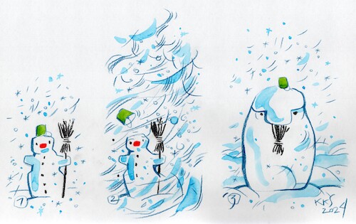 Cartoon: The consequences of a snowstorm (medium) by Kestutis tagged snow,kestutis,lithuania,snowstorm,winter,broom,snowman