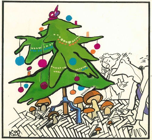 Cartoon: Under the Christmas tree (medium) by Kestutis tagged christmas,weihnachten,neujahr,new,year,mushrooms,pilze,kestutis,lithuania,sluota