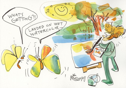 Cartoon: WATERCOLOR HAPPENING (medium) by Kestutis tagged artist,summer,buterfly,lithuania,nature,happening,kestutis,watercolor,pleinair
