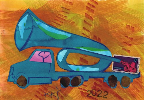 Cartoon: American blues in Ottawa. Convoy (medium) by Kestutis tagged convoy,blues,jazz,dada,bigpostcard,canada,protest,freedom,philately,truckers,ottawa,trudeau,kestutis,lithuania