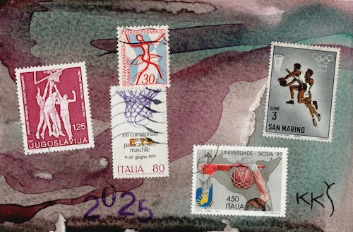 Cartoon: Dancing with a basketball net (medium) by Kestutis tagged dancing,basketball,net,dada,postcard,art,kunst,briefmarke,post,stamps,sports,kestutis,lithuania