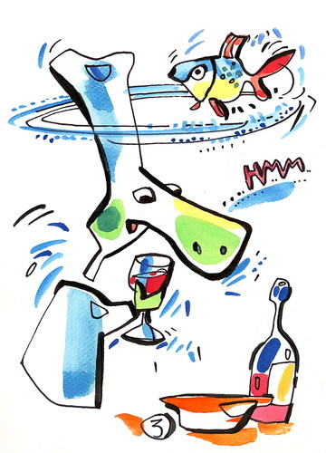 Cartoon: FISH IN WINE (medium) by Kestutis tagged pirate,chef,bottle,kitchen,glass,comic,strip,recipe,fish,turtle,wine,kestutis,siaulytis,lithuania,adventure